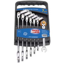 Набор рожково-накидных гаечных ключей с трещёткой и шарниром Super-Ego, ø 8 - 19 мм, 7 шт